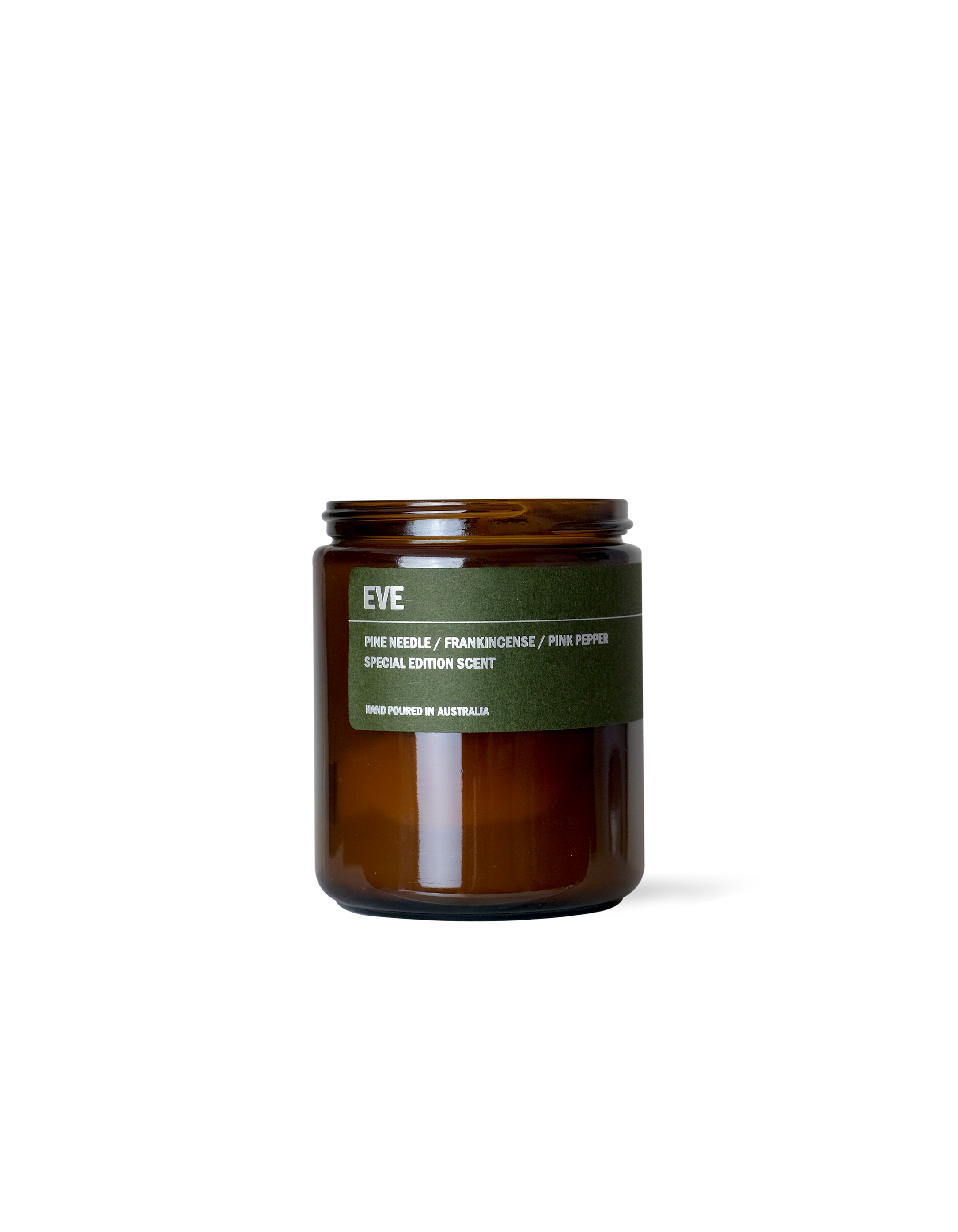 EVE: Pine Needle / Frankincense / Pink Pepper Small Amber Candle 250g